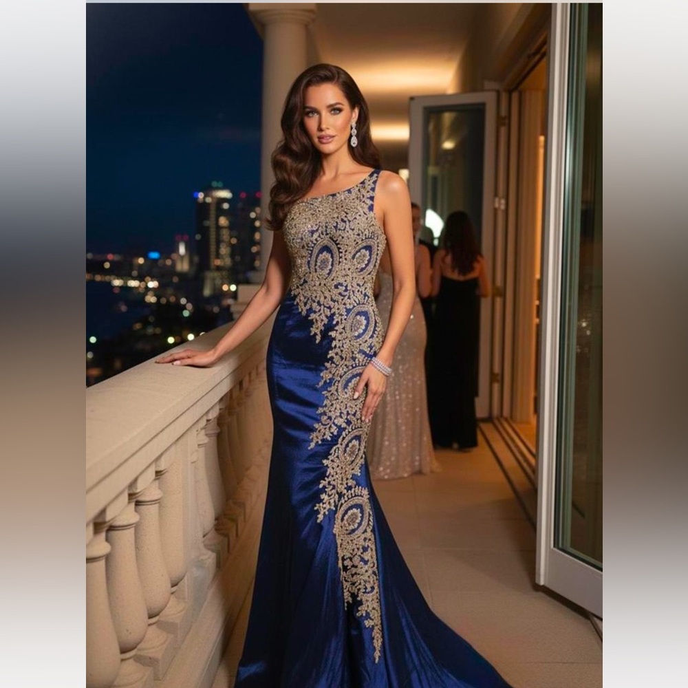 Embroidery Crystals Elegant Blue and Gold Evening Gown